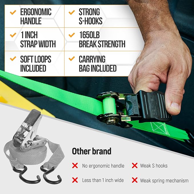 FORTEM Ratchet Straps, Tie Down Strap Set 1650lb Break Strength, 4 Pack 15ft x 1in, 4 Soft Loops, Moving Straps Tie Downs, Cargo Cam Buckles for Trucks, Carry Bag, for Men