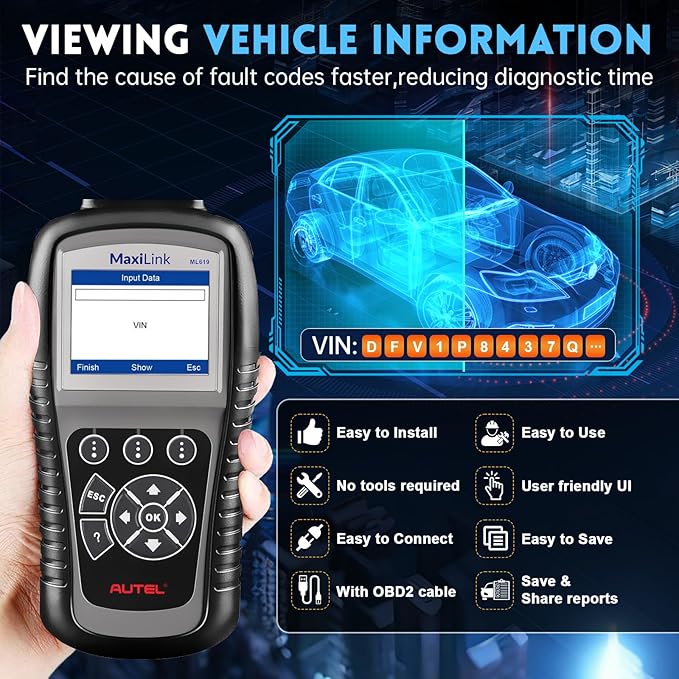 Autel Maxilink ML619 OBD2 Scanner, New Autel Scanner Upgraded Version of AL519/AL619, Code Reader with ABS SRS Diagnoses for