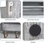 BTY Mail Sorter Wall Mounted, Wooden Mail Holder with 4 Key Hooks, 2 Slot Letter Bills Newspaper Magazine Organizer for Entry