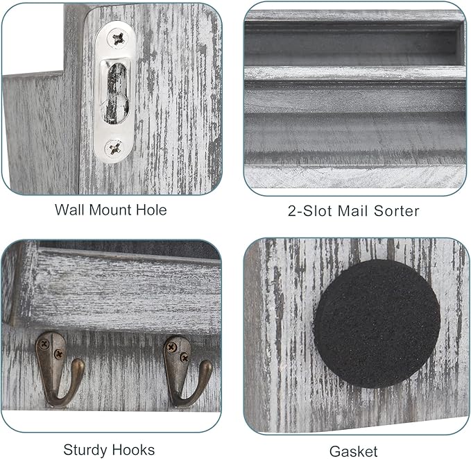 BTY Mail Sorter Wall Mounted, Wooden Mail Holder with 4 Key Hooks, 2 Slot Letter Bills Newspaper Magazine Organizer for Entry