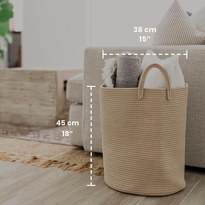 OrganiHaus Large Woven Laundry Basket w/Handles 52L, Rope Dirty Clothes Hamper, Blanket Basket for Living Room, Baby Laundry 