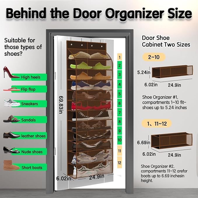 Kotkn Over The Door Shoe Organizer with 12 Large Breathable Pockets - Durable Hanging Storage for the Entire Family's Shoes (