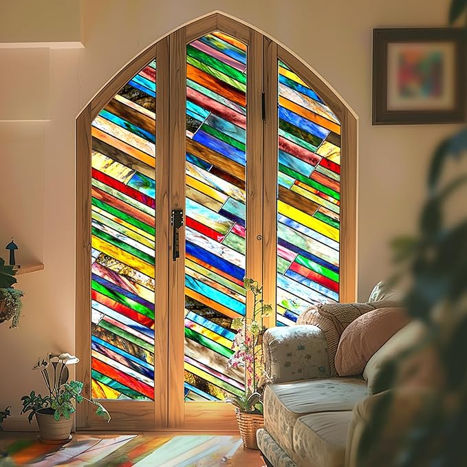 SUNBABY Stained Glass Window Privacy Film: 3D Decorative Christmas Static Clings, Vintage Windows Decals Day and Night Privacy, Home Bathroom Door Window Coverings for Winter,23.6 x 35.4 Inch
