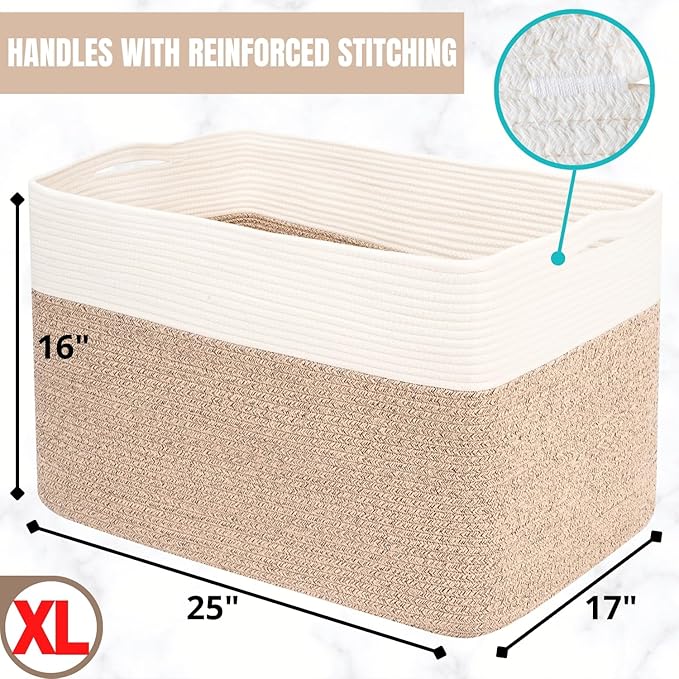 MINTWOOD Design 112L Extra Large Blanket Basket Holder Living Room, 25"x17"x16" Rectangle Rope Woven Storage Basket with Hand