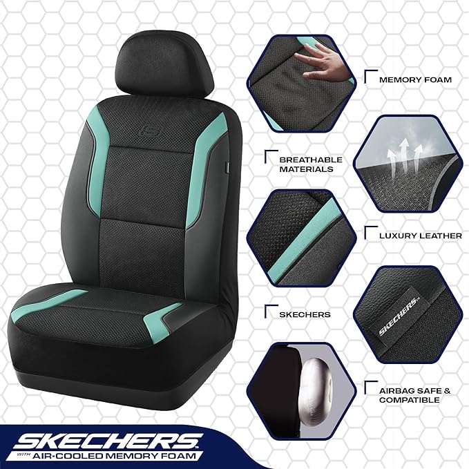 Skechers Memory Foam Car Seat Covers, Air Cool Mesh Thick Seat Covers,Car Seat Covers Front Seats Airbag Compatible, Automoti