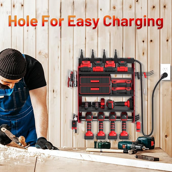 Power Tool Organizer Wall Mount with Charging Station, Garage 4 Drill Storage Shelf with Cordless Tool Holder, Heavy Duty Rac
