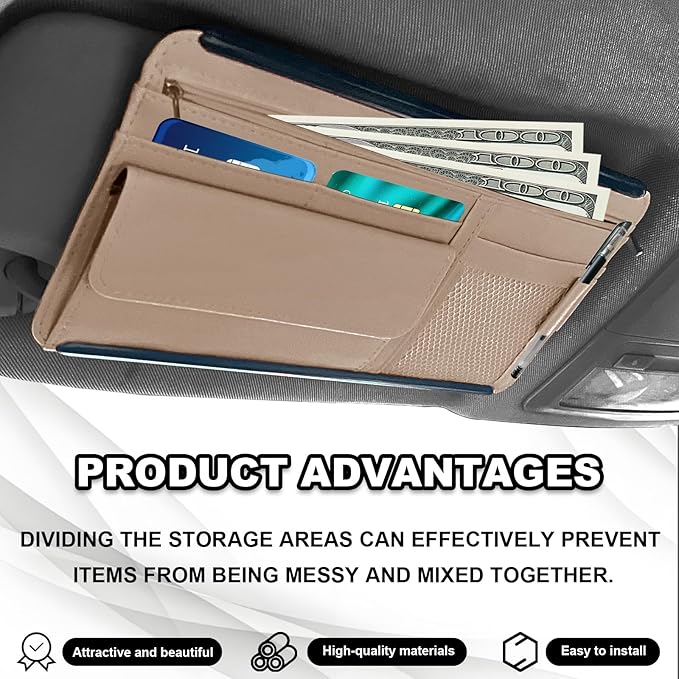 Car Sun Visor Storage Bag, Soft Leather Surface Organizer, Scratch-Resistant Auto Sunshade Organizer Bag, Can Store ID Card, Eyeglasses, Pen, Driving License etc (Beige)