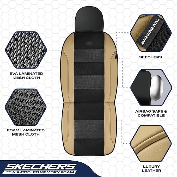 Skechers Men’s Seat Covers, Air-Cooled Memory Foam Car Seat Covers Front Seats, Airbag Compatible,Universal Fit for Most Cars