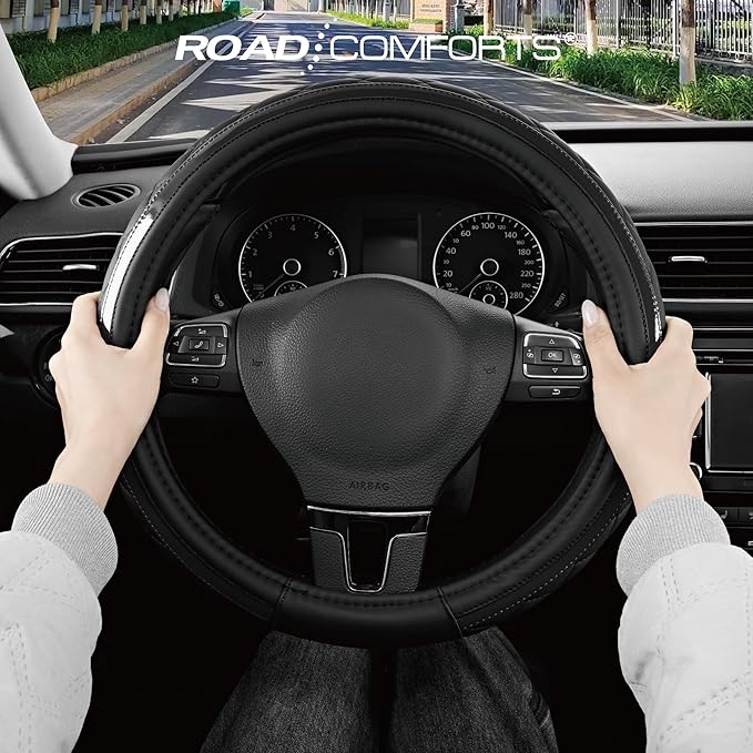 Road Comforts Leather Steering Wheel Cover – Black & Black, Universal Fit 14.5-15 Inch, Microfiber Leather, Anti-Slip & Breat