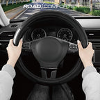 Road Comforts Leather Steering Wheel Cover – Black & Black, Universal Fit 14.5-15 Inch, Microfiber Leather, Anti-Slip & Breat