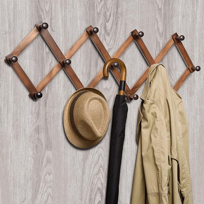 Amber Home Wood Accordion Wall Rack 13 Hooks (Pegs), Expandable Wall Mounted Hanger for Coat, Hat, Scarf, Coffee Mugs, X Shap
