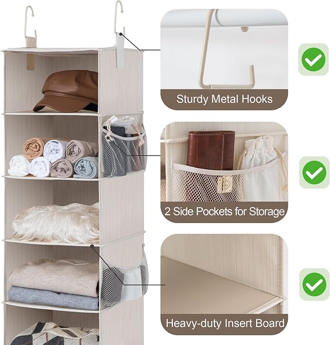 StorageWorks 6-Shelf Hanging Closet Organizer, Hanging Shelves for Closet, Fabric, Mixing of Beige, White & Ivory, 12" D x 12