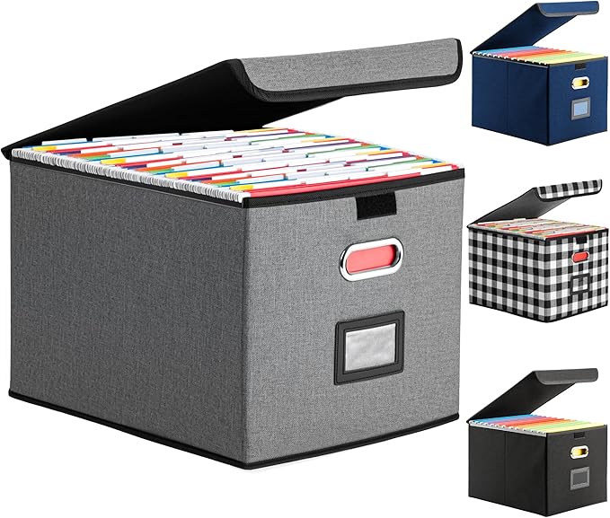Hleelomi Collapsible File Box with Lid & Plastic Slide - Hanging Document Organizer for Office/Home, 14.96x12.6x10.83 Inch,Da