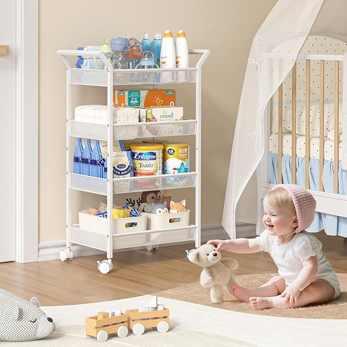 Baby Diaper Caddy Cart, 4-Tier Diaper Caddy Organizer and Storage, Rolling Utility Cart for Baby Supplies, Diaper Cart with W