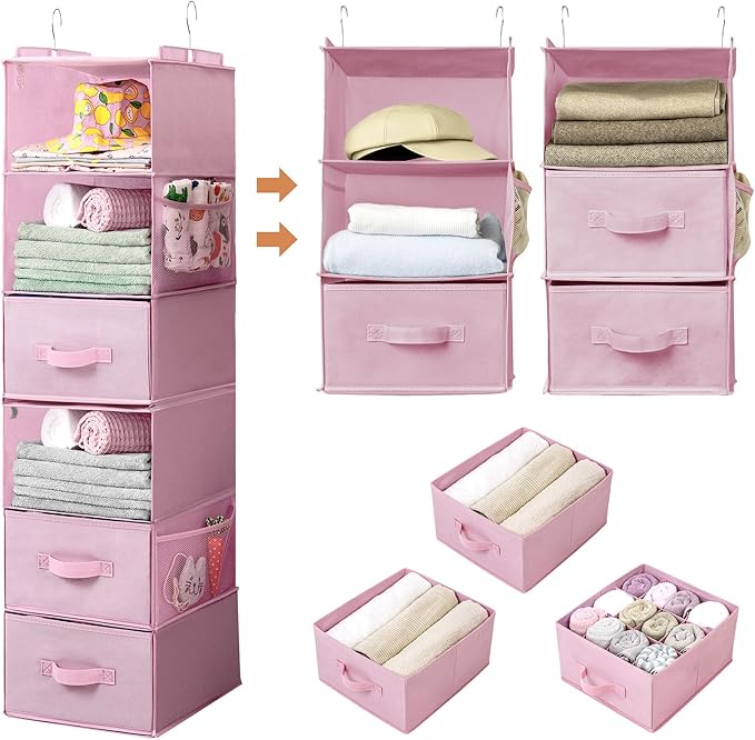 GRANNY SAYS Hanging Closet Organizer 6-Shelf, Separable to 2 Pack 3-Shelf Closet Storage Organizer with 4 Side Pockets, 3 Dif