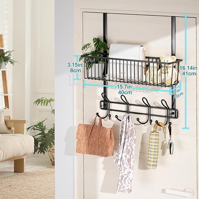 Kaiferty Over The Door Hooks Organizer,Door Hanger Door Storage with Basket,Over The Door Towel Rack Coat Hooks with 12 Hooks