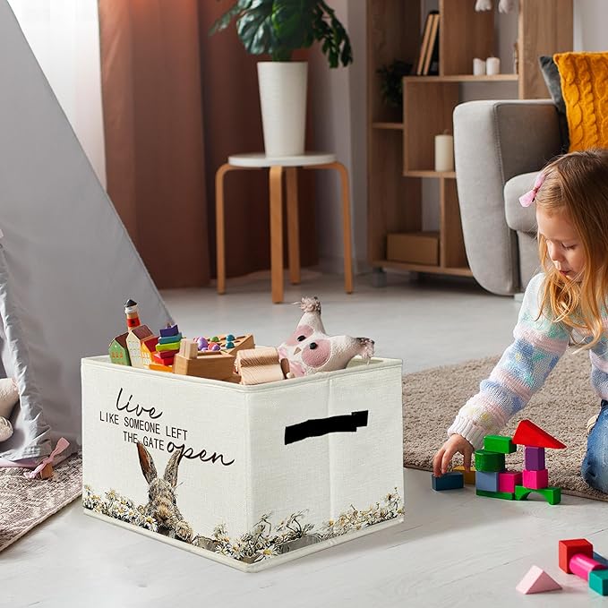 Rustic Bunny Storage Bins & Boxes with Handles, Farmhouse Rabbit Foldable Basket for Organizing, Live Like Someone Left the G