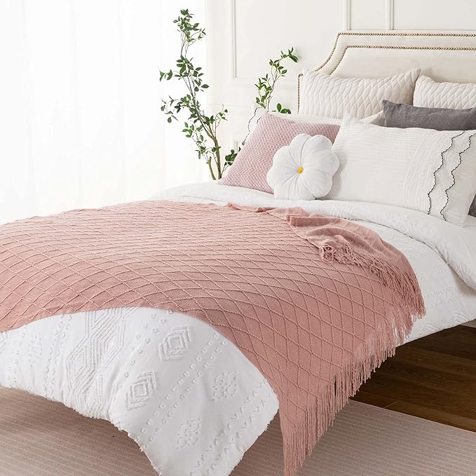 BATTILO HOME Blush Throw Blanket with Tassels, Pink Knit Blanket for Home Decor, Boho Style Textured Knitted Decorative Twin 