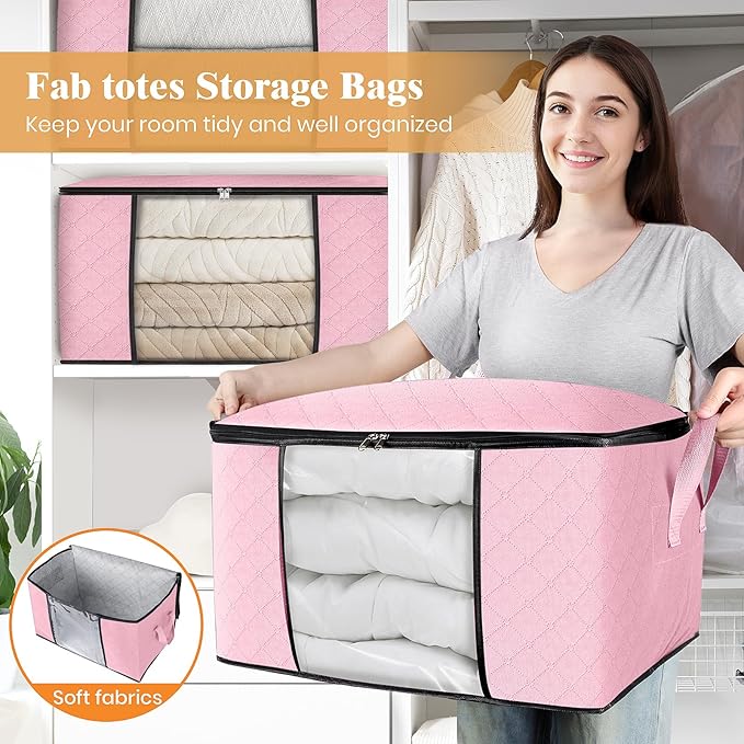 Fab totes 8 Pack Clothes Storage, Foldable Thick Fabric Blanket Storage Bags, Containers for Organizing Bedroom, Closet, Clot