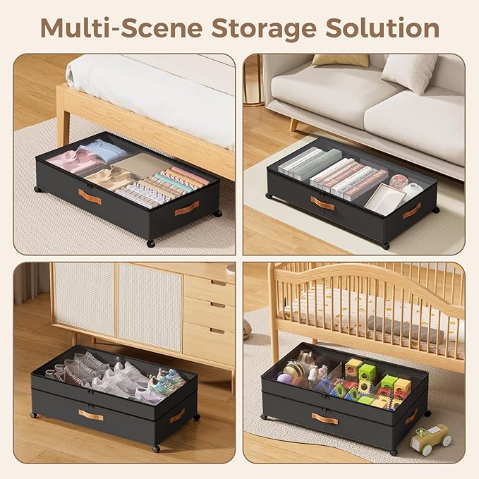 Under Bed Storage with Wheels, Large Capacity UnderBed Containers with Clear Lids, Shoe Organizer Under Bed Drawers, Rolling 