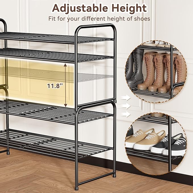 2 Tier Shoe Rack, Shoe Organizer Sturdy Metal for Entryway, Garage, Shoe Shelf Stand for Small Space, Stackable, Black