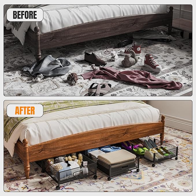 Under Bed Storage With Wheels, 47.2''/90lbs/57.6L, Metal Frame Under Bed Rolling Storage, Tool-Free Assembly Underbed Drawers