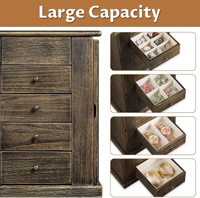 Emfogo Jewelry Box for Women, 5 Layer Large Wood Jewelry Boxes & Organizers for Necklaces Earrings Rings Bracelets, Rustic Je