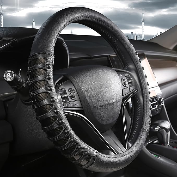 West Llama Microfiber Leather Car Steering Wheel Cover for Men Women,Universal Fit 15.5-16 inch(Leather Nails-Black-Large Siz