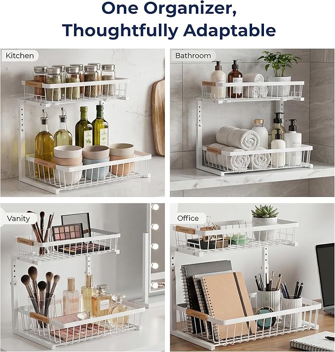Under Sink Organizer, 2 Pack, 2 Tier Sliding L-Shaped Carbon Steel Rack with Adjustable Height, Motion-Activated LED Lights, 