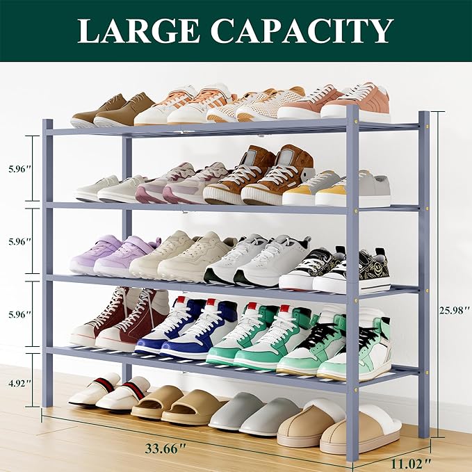Smiry Shoe Rack, 4 Tier Long Bamboo Shoe Organizer, Stackable Free Standing Wooden Shoe Storage Shelf for Closet, Entryway, F