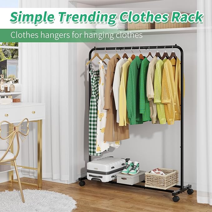 Simple Trending Standard Clothes Clothing Garment Rack with Storage Shelves, Rolling Clothes Organizer on Wheels for Hanging 