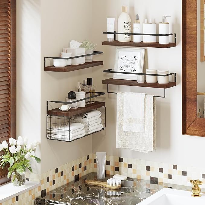 Bathroom Floating Shelves Wall Mounted - 4+1 Tier Rustic Wooden Bathroom Wall Shelves Over Toilet with Wire Storage Basket&To