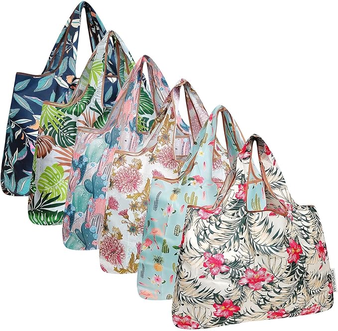 allydrew Large Foldable Tote Nylon Reusable Grocery Bags, 6 Pack