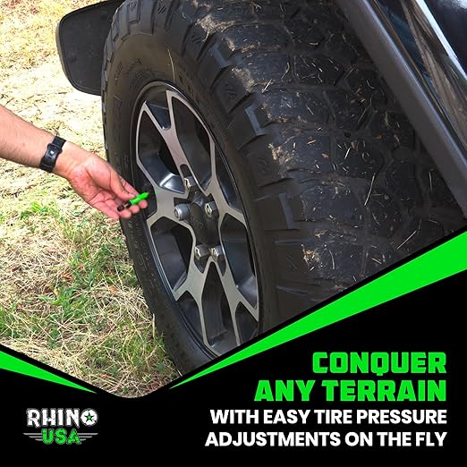 Rhino USA Adjustable Tire Deflator Kit (10-30 PSI) Ultimate Screw-on Automatic Tire Deflators for Offroad - Quick & Easy Air Down System for The Trails - Best Jeep Off Road Accessories (4-Pack) -Green