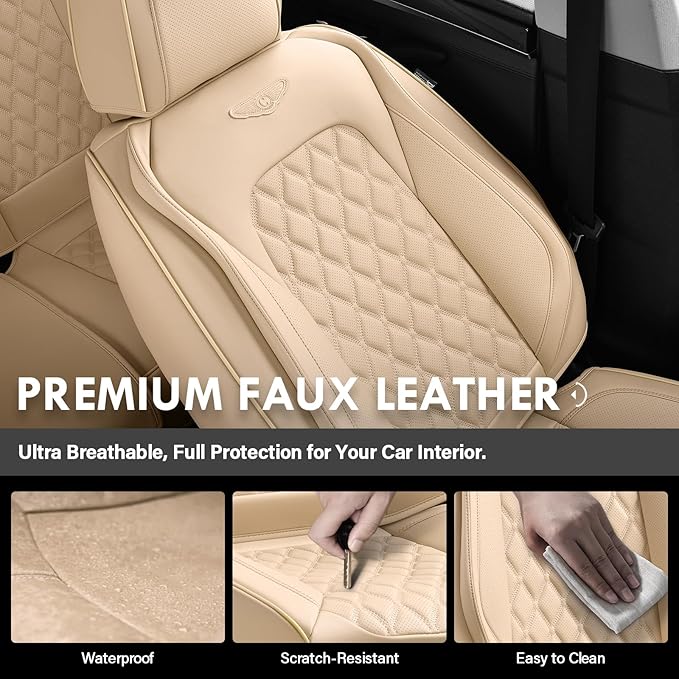 Coverado Full Set Leather Car Seat Covers, Waterproof Faux Leather Seat Covers, Beige Car Seat Protectors, 5 Seats, Universal
