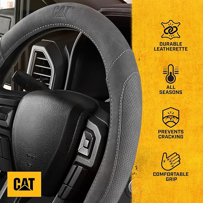 Cat® US Flag Leather Steering Wheel Cover w Metal Flag Emblem, Grey Leatherette, Standard 14.5–15.5 Inch, Non Slip Comfort, Car Steering Wheel Cover for Auto Truck SUV, Amiercan Flag Car Accessories