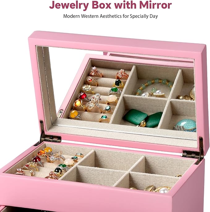 Meangood Jewelry Box Organizer for Women, 2 Layer Large Jewelry Storage Case, Rustic Wooden Jewelry Box with Mirror & Ring Tr