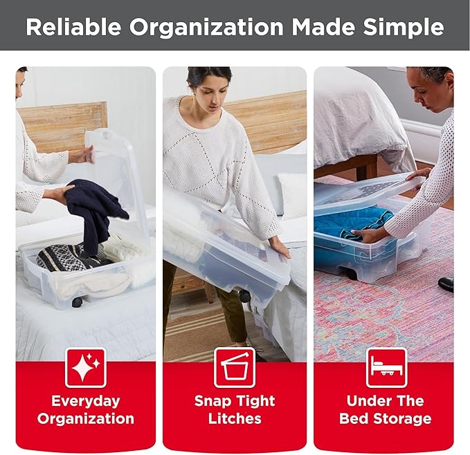 Rubbermaid 70 Quart Under the Bed Low Profile Storage Boxes with Dual Hinged Lids and Easy Rolling Caster Wheels, Clear, 2 Pa