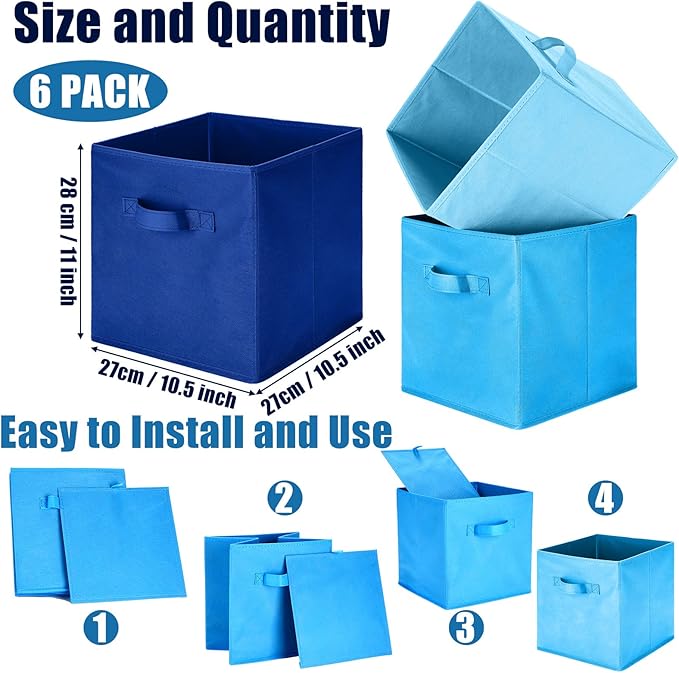 Karenhi 11 x 10. 5 x 10. 5 Blue Storage Cube, 6 Pack Fabric Cube Storage Bins Organizer Box, Collapsible Baskets with Handles