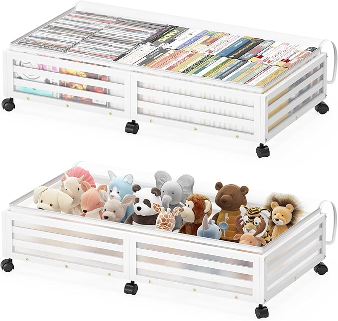 Under Bed Storage with Wheels-Large Bamboo Underbed storage Containers with Large Dust Bag Stackable Under the Bed Shoe Stora