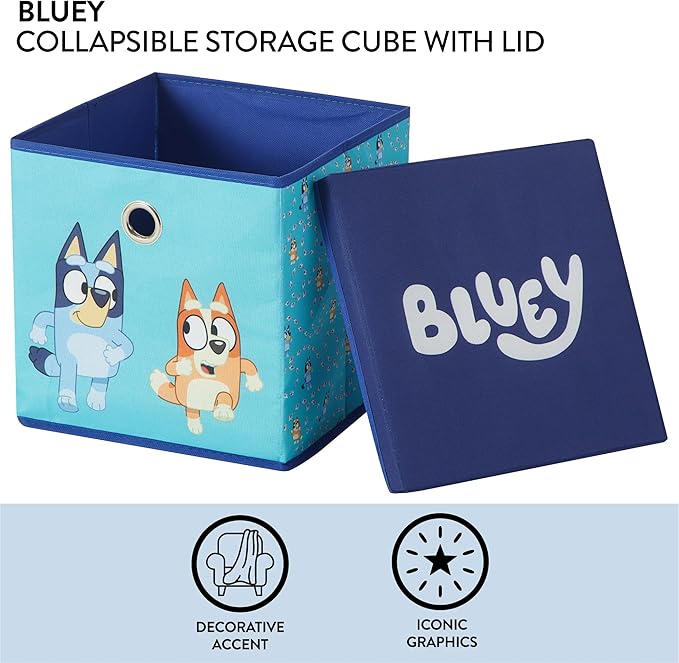 Idea Nuova Bluey Collapsible Fabric Storage Cube,10” Organizer Bin with Lid for Bedroom, Playroom, and Closet