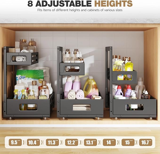 2 Pack Under Sink Organizer,Pull Out Cabinet Organizer with Smooth Cylindrical Rail,Metal Slide Out Drawer for Kitchen Bathro