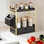 2-Tier Bathroom Counter Organizer with Drawer and Basket, Wood Countertop Organizer for Storage, Skincare Organizers for Vani