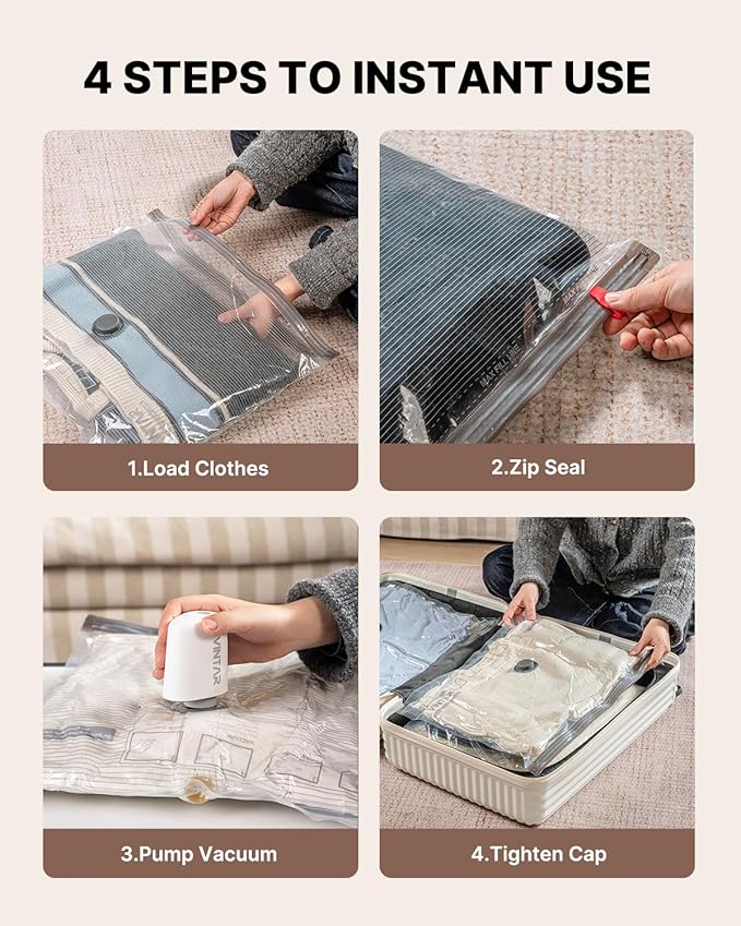 Travel Vacuum Seal Bags for Clothing with Rechargeable Cordless Pump, VINTAR 24 Pack (6J+6L+6M+6S) Carry-on Size Space Saver 