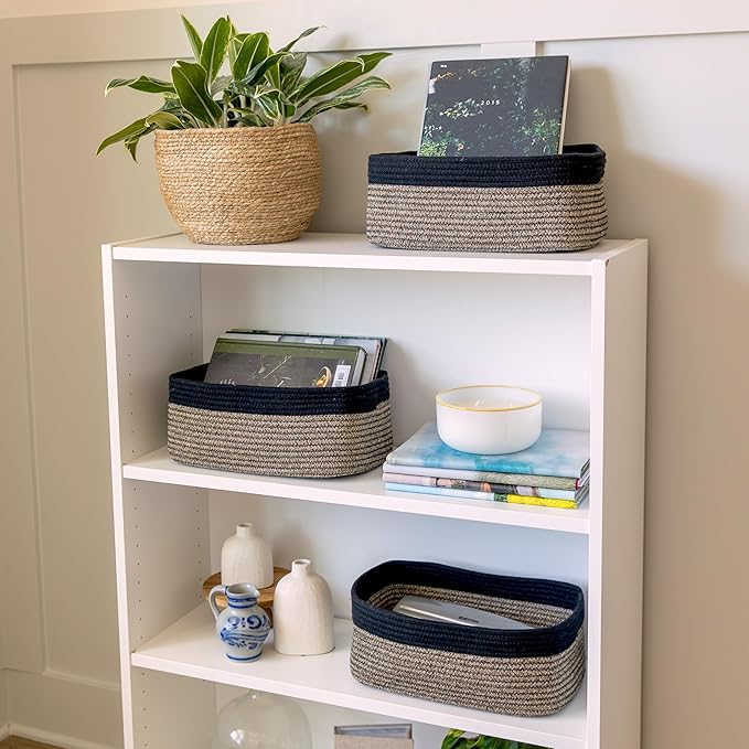 NaturalCozy 13.5”x8.5”x5.5” Rectangle Storage Baskets for Shelves 3 Pack | Cotton Rope Woven Small Baskets for Organizing | S