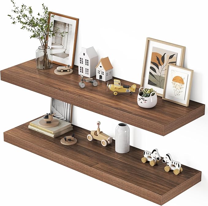 Dreamland 40" Floating Shelves for Wall, 12" Deep Thicker Walnut Floating Shelves, Wall-Mounted Shelves for Bedroom, Living R