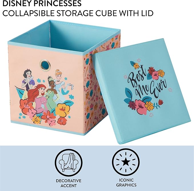 Idea Nuova Disney Princess Collapsible Fabric Storage Cube,10” Organizer Bin with Lid for Bedroom, Playroom, and Closet