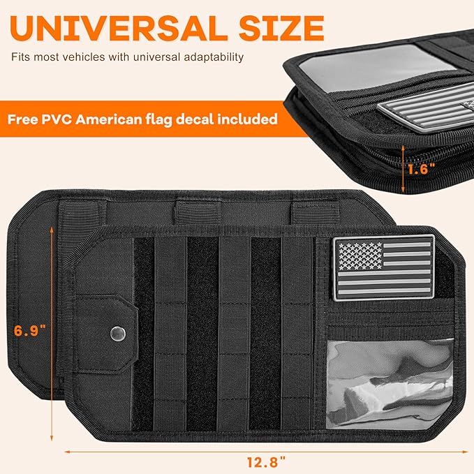 Molle Car Sun Visor Organizer, Auto Semi-Rigid MOLLE Panel Police Gear Holder w/Zipper Pocket & Sunglasses Clip, Universal Tactical Panel Visor Organizer for Cars SUVs Trucks