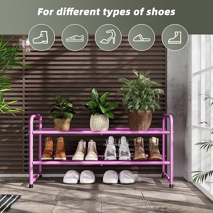 SUFAUY 2-Tier Mesh Shoe Rack, Closet Metal 33" Wide Shoe Shelf Heavy Duty, Pink