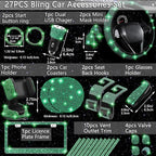 NBTEPEM 27 PCs Green Bling Car Accessories Set for Women, Steering Wheel Covers Universal Fit 15 Inch, Bling License Plate Frame, Bling Phone Holder, Bling Car Coasters (Green Diamond)